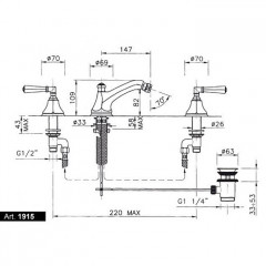 NICOLAZZI TEIDE Смеситель для биде на 3 отверстия, двухвентильный, в комплекте с донным клапаном, цвет Gold