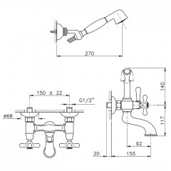 Nicolazzi Nuova Brenta Смеситель для ванны с 2мя ручками, настенный, с душевой лейкой, цвет: хром