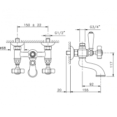 Nicolazzi Dames Anglaises Смеситель для ванны с 2мя ручками, вывод сверху 3/4, (для душ. стойки, для ванны) цвет: хром