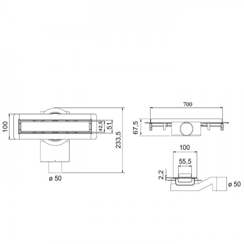 Plumberia Selection Трап душевой PS MODULAR 4x70 2устор. накладка из нерж.стали, комбинир.затвор с горизонт. Выпуском Ду 50мм,40л/мин, золото 24К