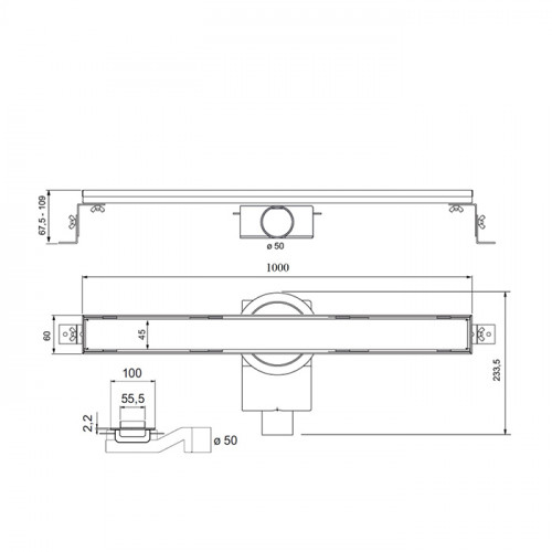 Plumberia Selection Трап душевой PS LINEAR 6x100 2устор. накладка из нерж.стали, комбинир.затвор с горизонт. Выпуском Ду 50мм,40л/мин, черн.матов.