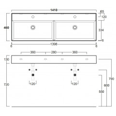 SIMAS AGILE Раковина двойная подвесная 141х46 см, с переливом, с 2 отв под смеситель,цвет белый