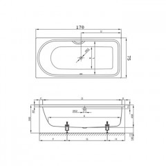 BETTE Ocean Ванна с шумоизоляцией 170х75х45, перелив спереди, BetteGlasur ® Plus и покрытием анти-слип, белая (для удлиненного слива-перелива)