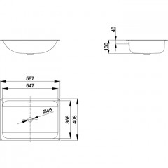 BETTEONE Раковина встраиваемая под столешницу 587х408х130 мм, с шумоизоляцией без отв.под смесит. с переливом.