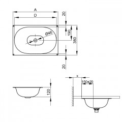 BETTE COMODO Раковина встраиваемая снизу 574х380х120 мм, без отв под смес.без перел.цвет белый
