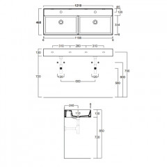 SIMAS AGILE Раковина двойная подвесная 121х46 см, с переливом, без отверстий для смесителя, цвет белый