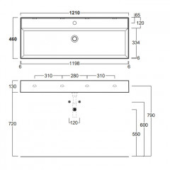 SIMAS AGILE Раковина двойная подвесная 121х46 см, с переливом, с 2 отв под смеситель,цвет белый
