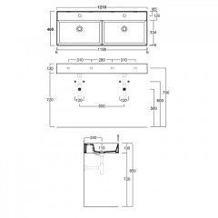 SIMAS AGILE Раковина двойная подвесная 121х46 см, без перелива, 2 отв для смесителя, цвет черный матовый