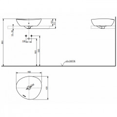 TOTO VESSEL TA Раковина460x420x177мм, ассиметричная чаша, без отв.под смеситель, с переливом, CeFiONtect, цвет: белый глянец