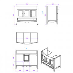 TW Veronica, База с раковиной Simas AR874bi*1 105*56см, с 1отв., 3 расп. дв. и 1ящик, доводч. Blum, ручки: Riflesso бронза, цвет: GRIDGIO