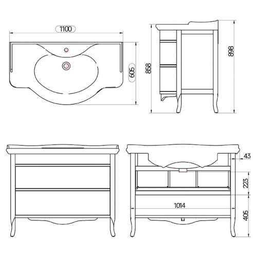 TW Armony, База с раковиной Azzurra GIU200110/ALZA bi*1, 112*62см, 2 ящика, доводчики Blum, цвет: moka, ручки: бронза