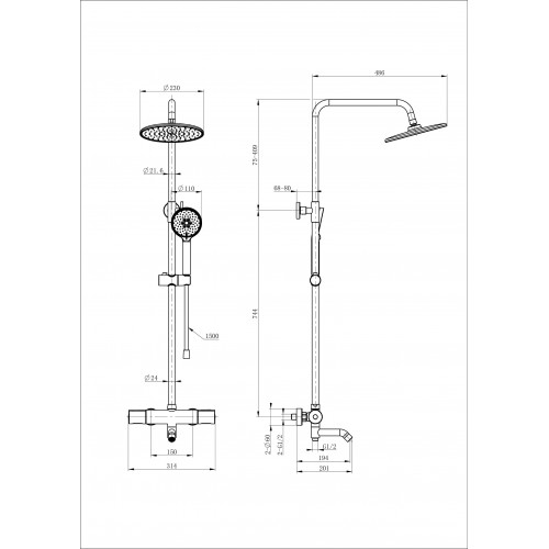Душевая система с термостатом WONZON & WOGHAND INN 2, Черный матовый (WW-A3006-T1-MB)
